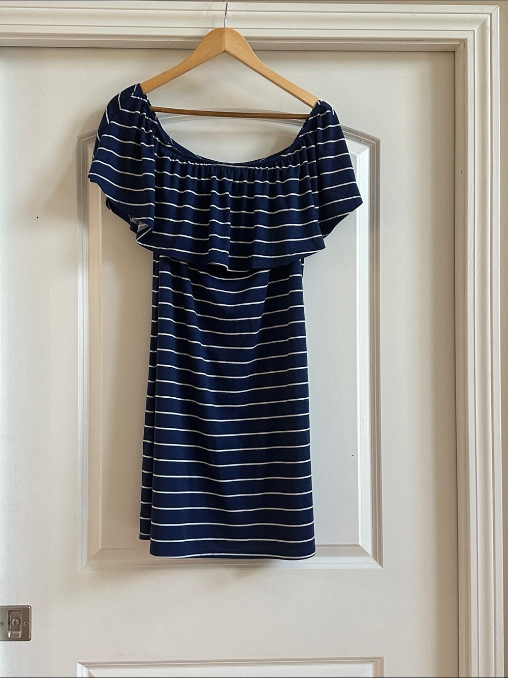 Striped Off-Shoulder Navy Blue Dress